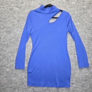 Cutout Dress Womens Large Blue Long Sleeve Cut Out Mock Neck Bodycon Mini Party